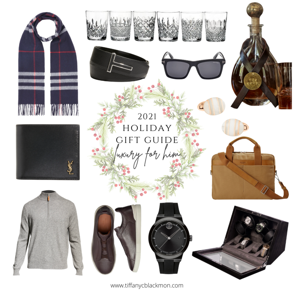 holiday gift guide image - a collage of luxury gift items for men