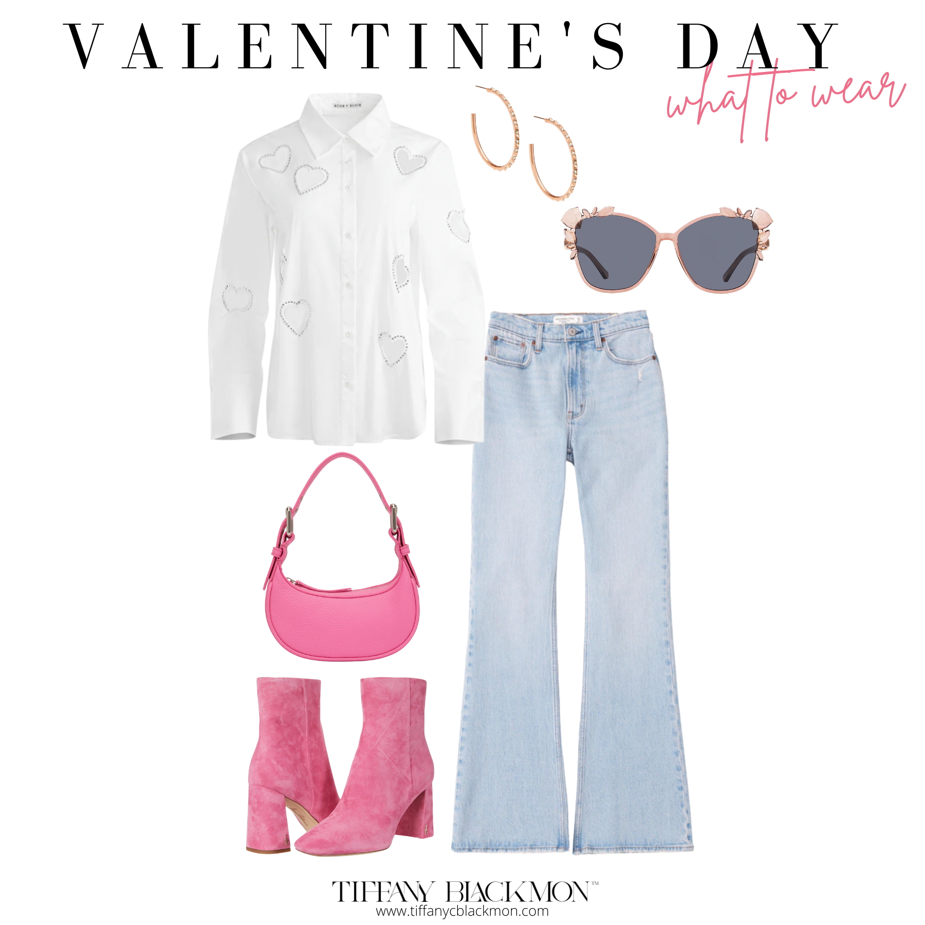 Valentine's Day: What to Wear
#buttondown #blouse #hearts #jeans #denim #earrings #sunglasses #purse #hoops