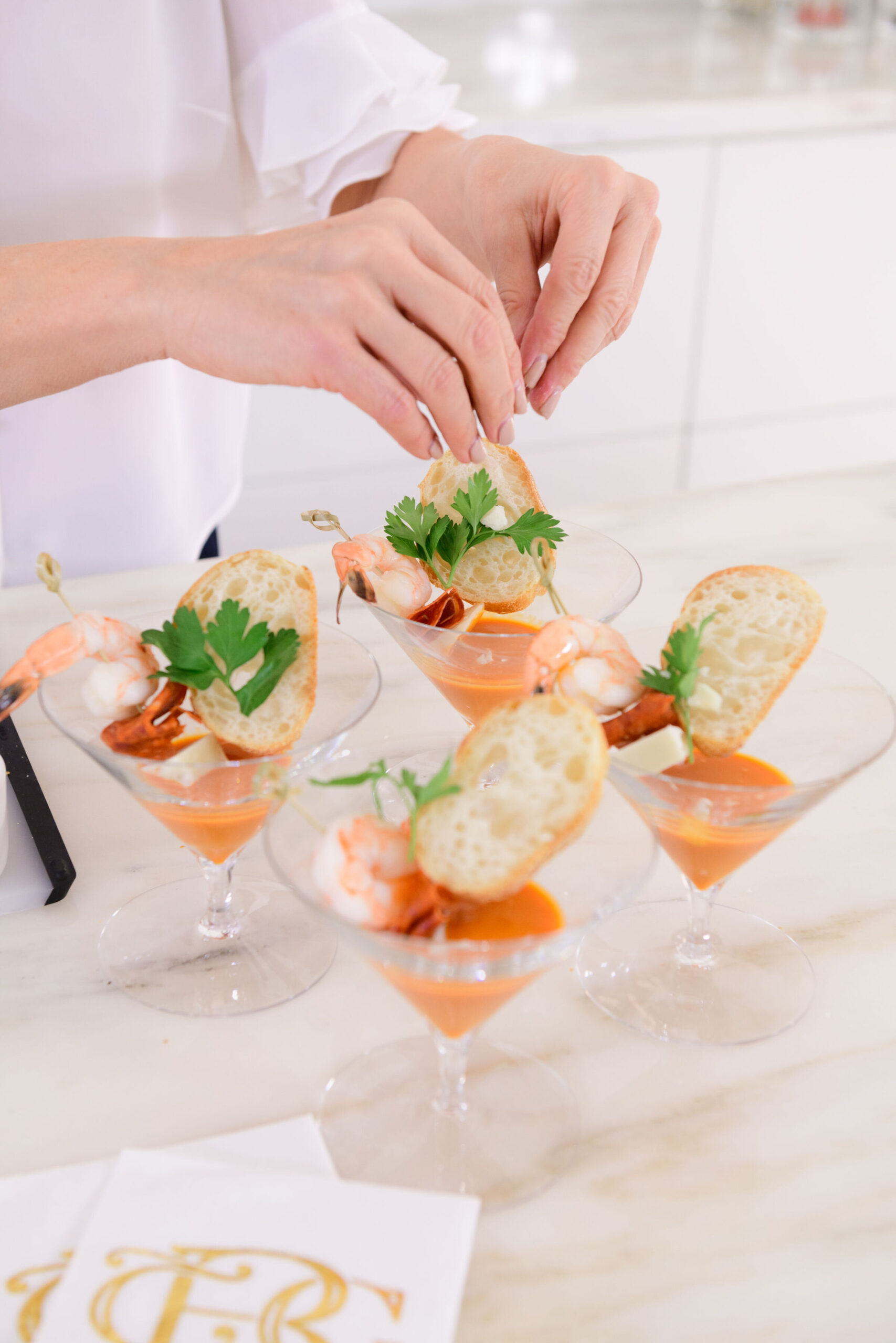 Skewered Shrimp Shooters

recipe, seafood, shrimp, shrimp shooter, spring, appetizer, martini glass, napkin