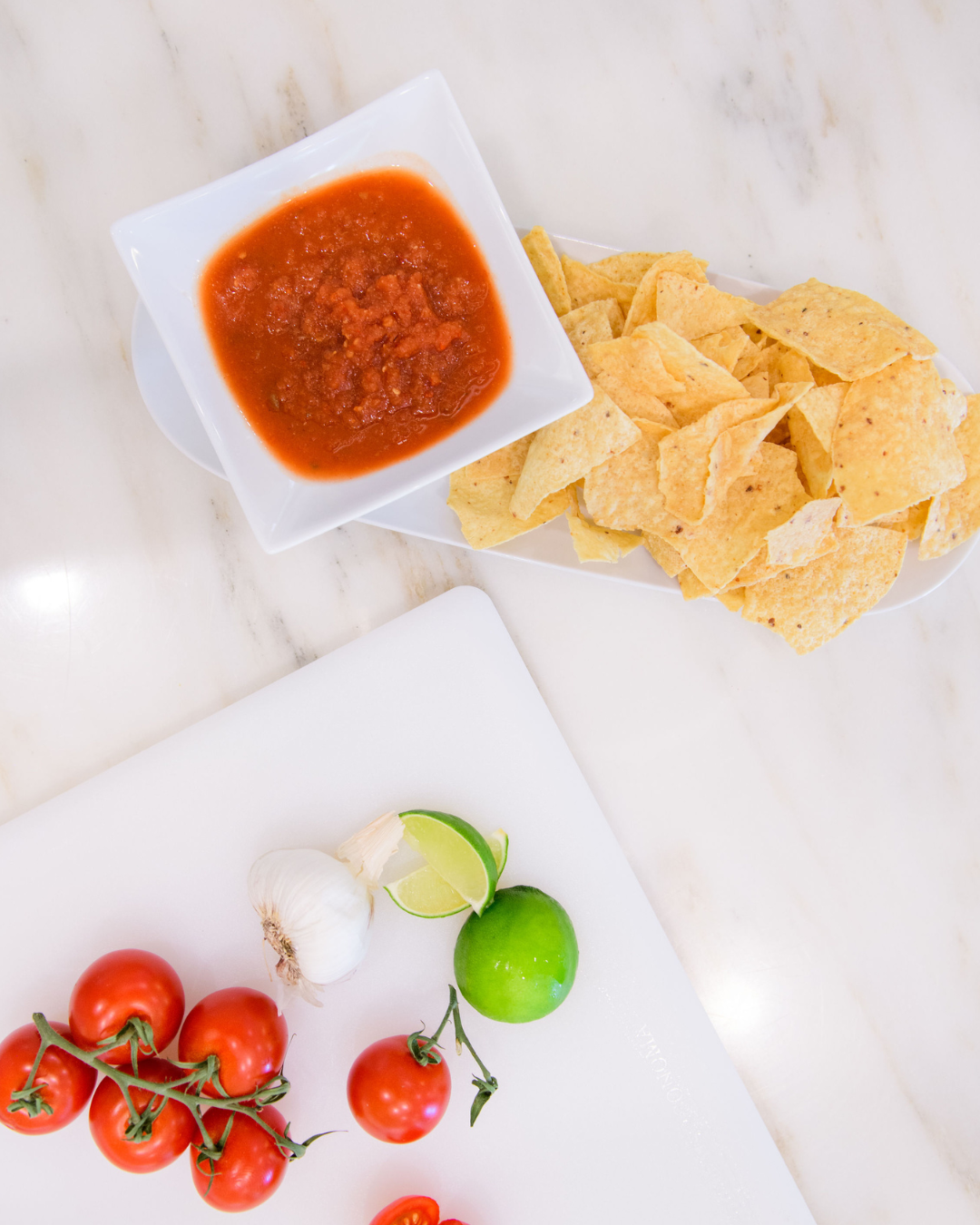 fresh homemade salsa, tomatos, garlic clove, limes