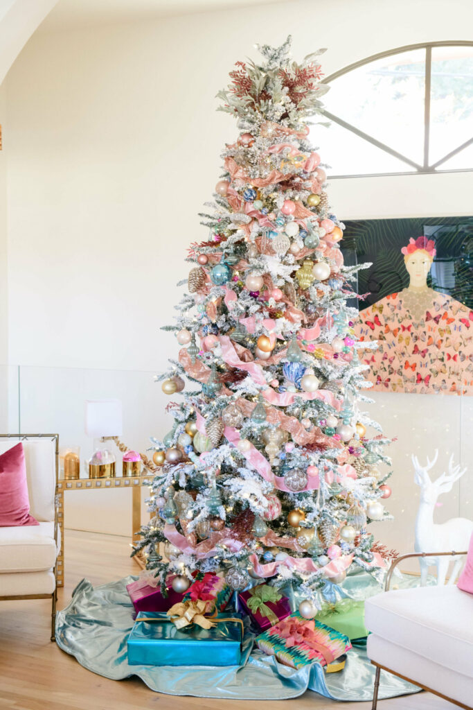 Family room festive home decor colorful tree