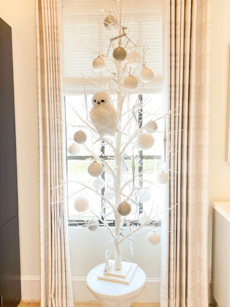 Festive home decor twig tree with a white owl